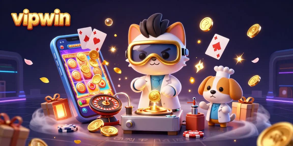 Win big with vipwin as a mad scientist cat creates a gold-coin machine in a vibrant casino setting.