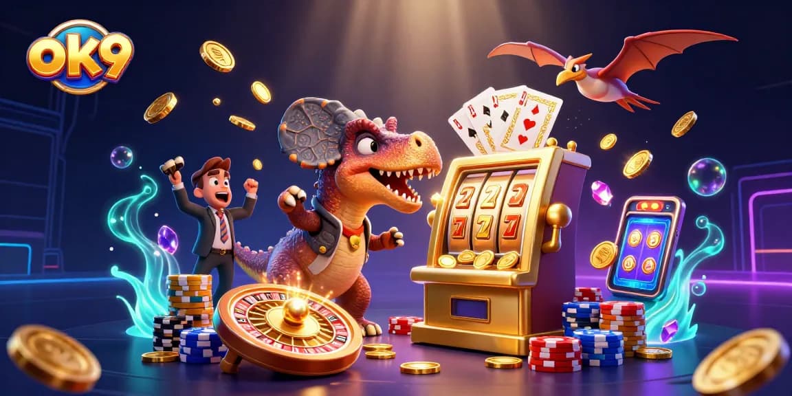 ok9 engages players with a cartoon dinosaur jackpot scene featuring dynamic casino elements and golden coins.