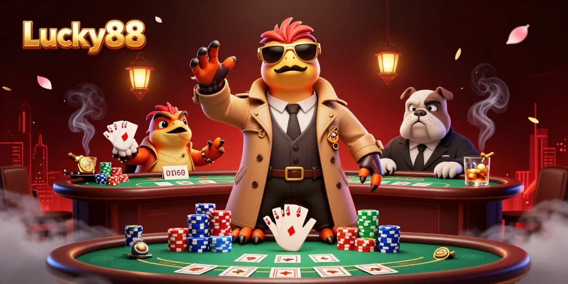 Lucky88 raptors in trench coat enter casino VIP lounge while poker chips and cards surround them.