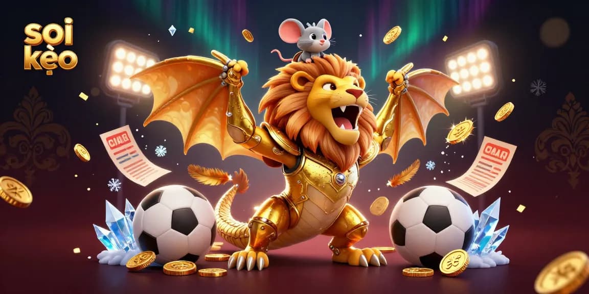 Soi kèo sports betting illustration featuring a golden chimera and mouse jockey with festive elements.