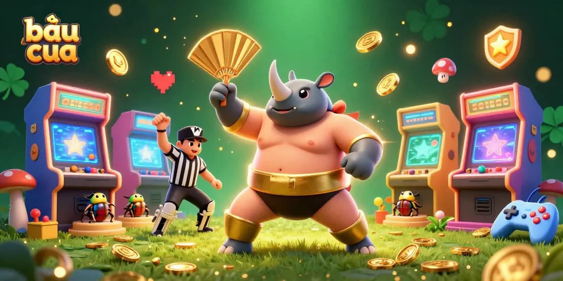 Engage in exhilarating bầu cua gameplay with colorful 3D characters and arcade elements in a vibrant casino atmosphere.