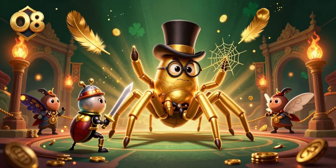 O8 players spin the reels in a dynamic casino scene featuring a golden tarantula and brave beetle knight.