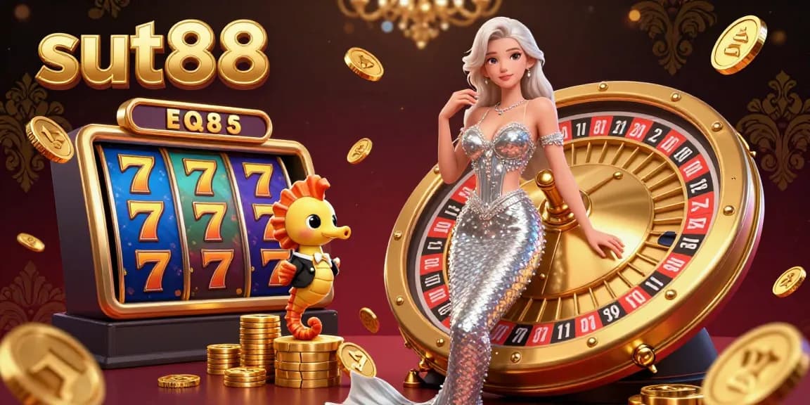 Sut88 captivates players with a glamorous roulette scene featuring vibrant slot reels and sparkling treasures.