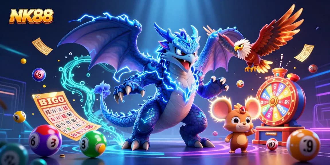 Experience thrilling gameplay with NK88's vibrant casino-themed artwork featuring dynamic lottery games and engaging characters.