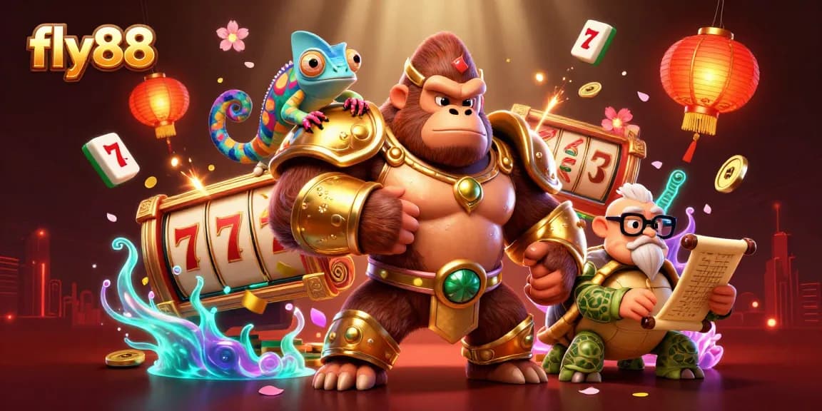 Engage in exciting gameplay with fly88, featuring a gorilla king, a chameleon, and vibrant casino elements.