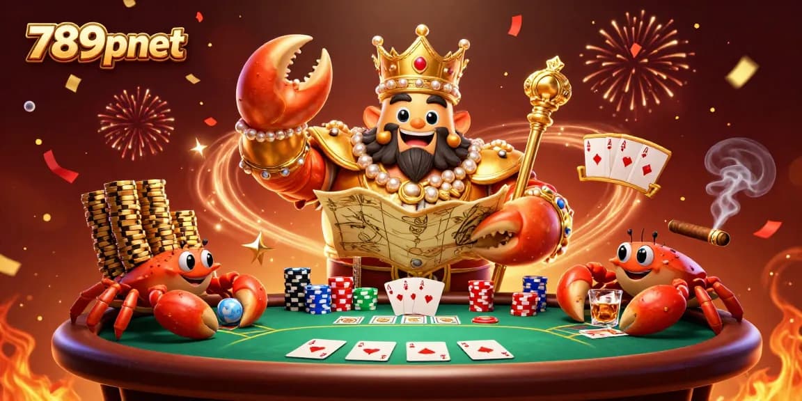Engage in exciting winning strategies at 789pnet with a vibrant casino scene featuring a golden crab emperor and dynamic poker elements.