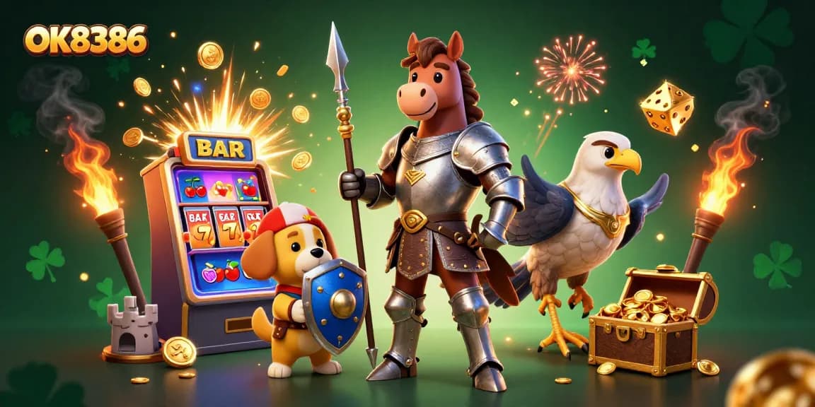 Engage with the thrilling world of OK8386, featuring a knight and friends amidst a vibrant jackpot.