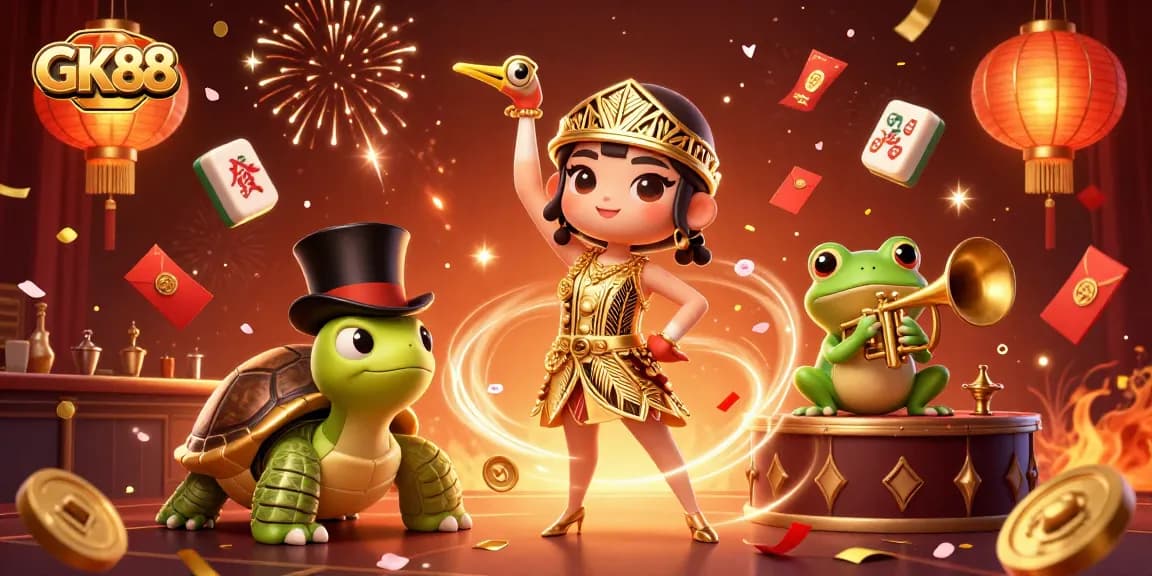 Win big at GK88 with vibrant celebrations and animated characters in an exciting casino scene.