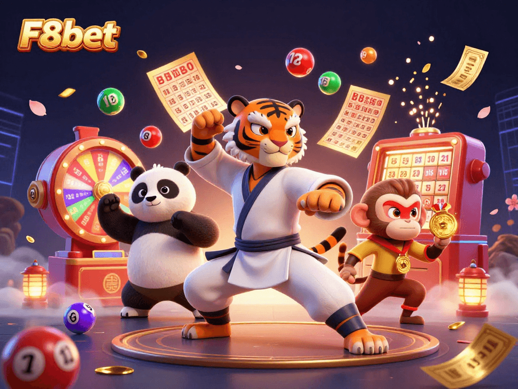 Engage with F8bet through a dynamic 3D illustration showcasing characters in an exciting online casino setting.