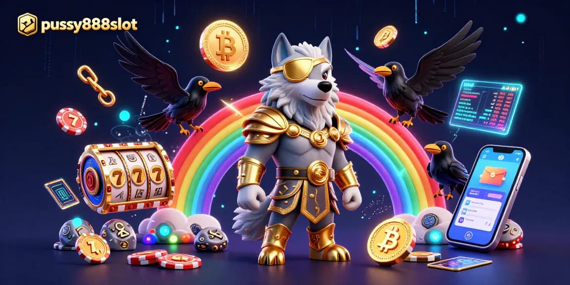 Pussy888slot features a dynamic illustration with Odin wolf and glowing slot elements, showcasing thrilling casino experiences.