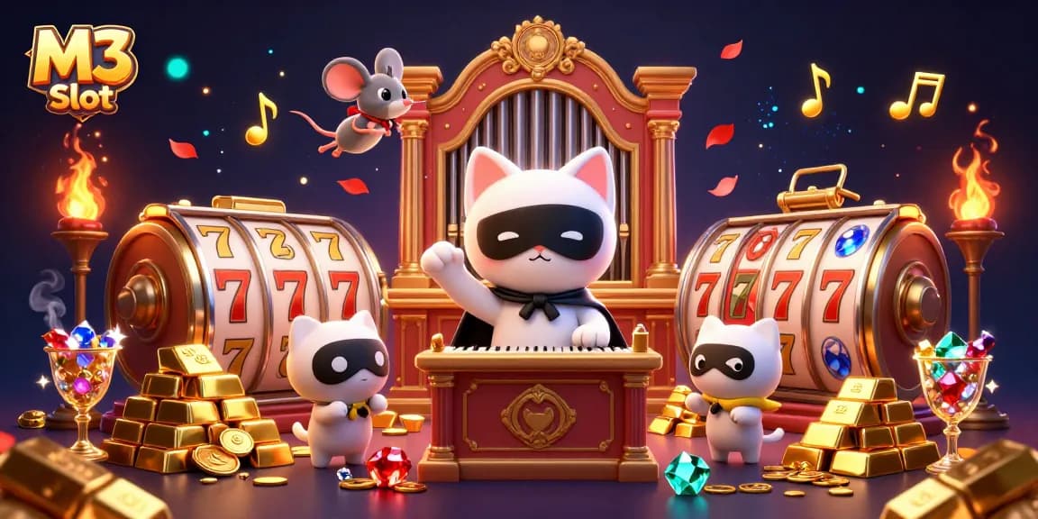 Experience the thrill of M3 Slot with a vibrant 3D casino scene featuring exciting slot reels and treasures.