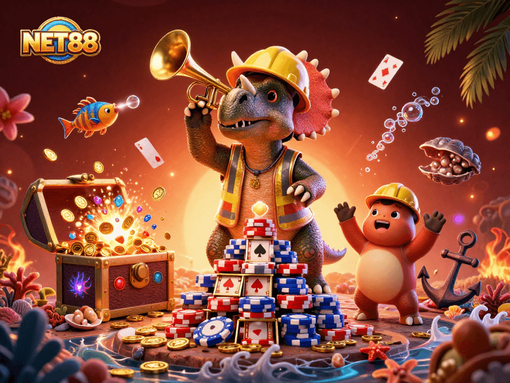 NET88 showcases a colorful casino theme with a cheerful dinosaur trio celebrating amidst sparkling treasures.