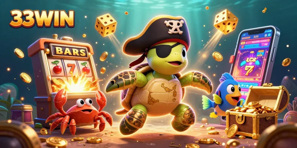 Experience the excitement at 33WIN with a vibrant underwater casino adventure featuring a treasure-seeking turtle.