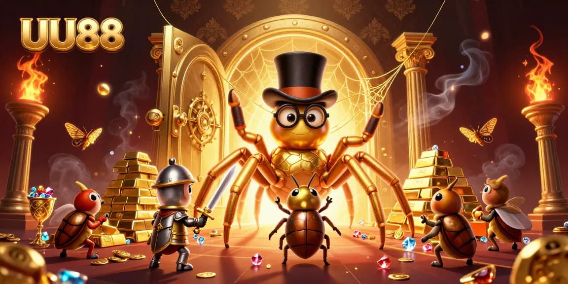 Join the golden adventure at UU88: A 3D scene of a unique casino experience featuring a golden tarantula and treasures.
