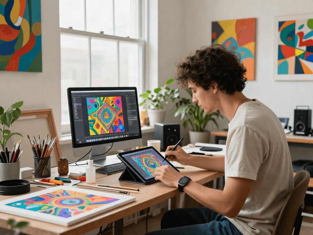 nsfw ai inspired digital art creation in vibrant studio with artist designing innovative artwork