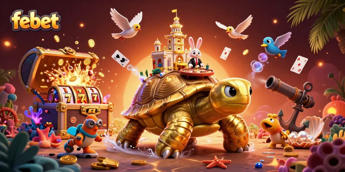 Experience the thrill of febet with a vibrant casino scene featuring a golden tortoise and a rabbit dealer.