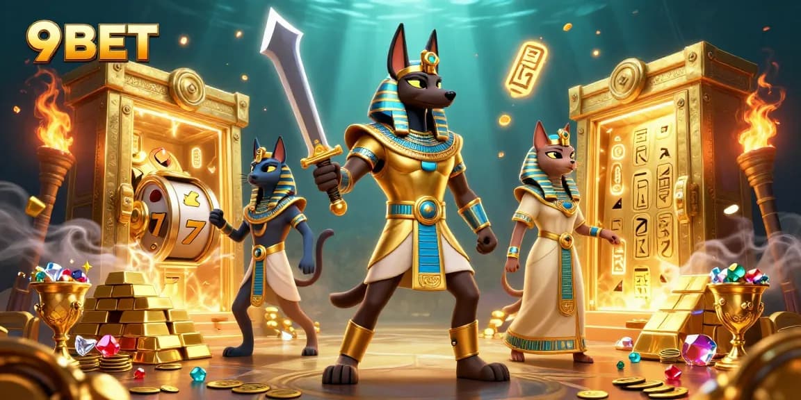 Engage with the vibrant 9BET gaming universe, featuring Anubis, Bastet, and treasure elements in a celestial casino.