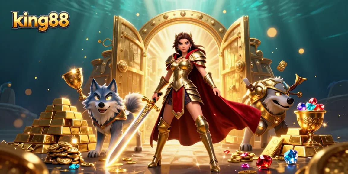 Experience the excitement of king88 with a warrior queen and treasure in a dynamic casino scene.