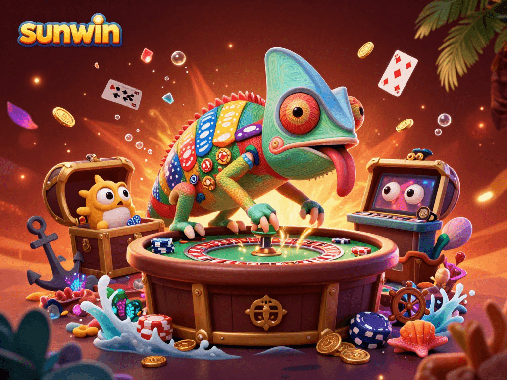 Engage with sunwin as the chameleon casino owner grabs golden coins among vibrant game elements.