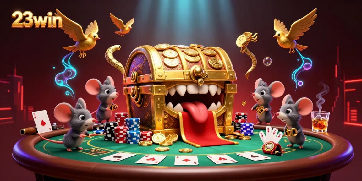 Engage with the thrilling world of 23win, showcasing treasure chests, poker elements, and vibrant casino action.