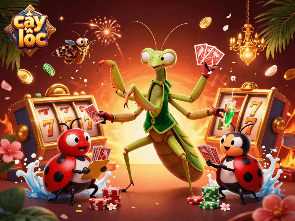 Cây tài lộc slot game scene with a giant praying mantis card sharp and ladybug pit boss celebrating jackpots with vibrant, festive elements