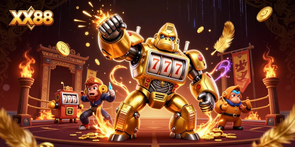 Engage with XX88's vibrant gaming world, featuring a golden gorilla mech and dynamic casino elements.