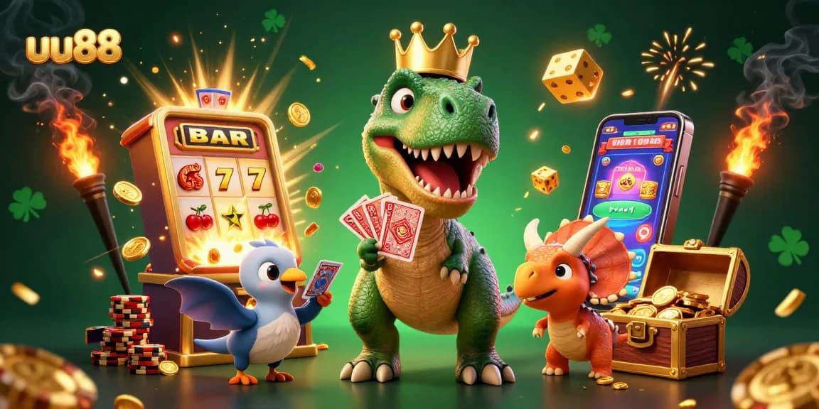 Spin the reels with uu88: T-Rex shuffling cards at an exciting casino scene.