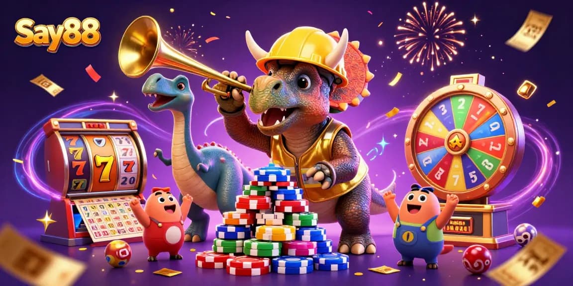Experience thrilling gameplay at Say88 with an engaging 3D scene of characters celebrating casino success.