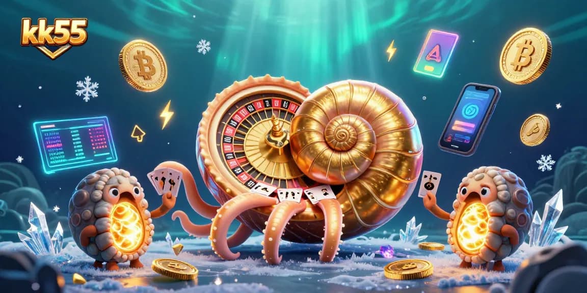Engage with kk55's exciting gaming experience featuring a giant nautilus holding cards and illuminated ammonites.
