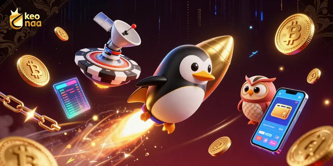 Bet on keo nha cai with our golden penguin navigating a vibrant casino space scene.