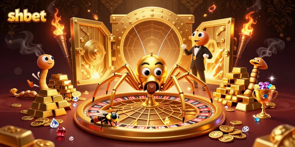 Engage in thrilling bets with shbet at a casino game scene featuring a golden web roulette and a centipede dealer.