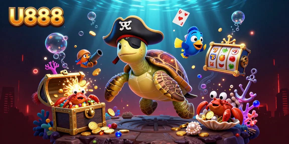 Experience thrilling gaming with U888's vibrant underwater casino scene filled with treasures.