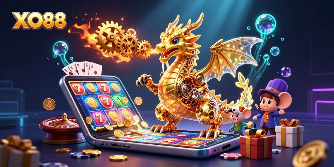 Spin to win with XO88, featuring a golden dragon and dynamic casino games in a vibrant 3D scene.