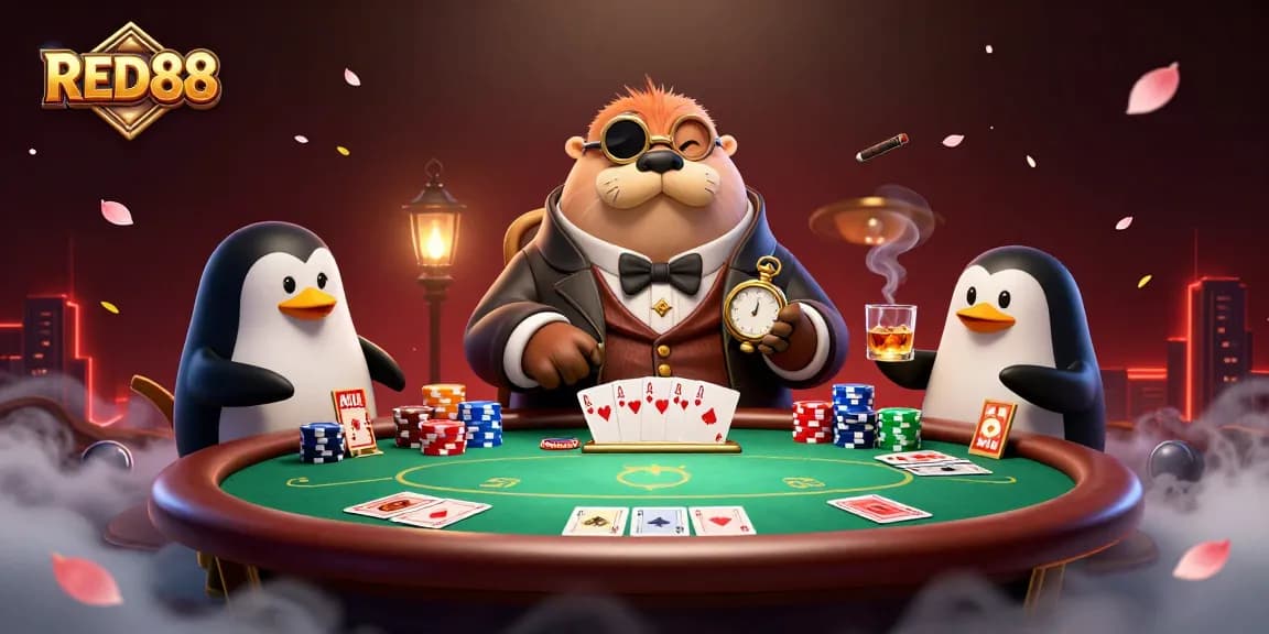 Engage in thrilling poker action at RED88 with a jolly walrus, a penguin dealer, and a bluffing pufferfish.