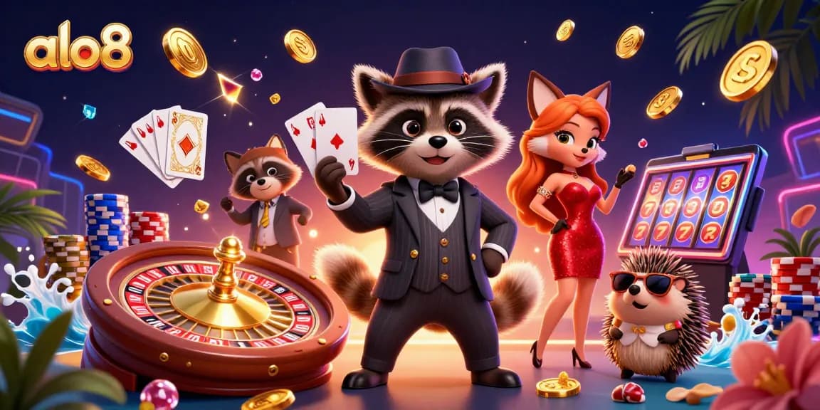Alo8 casino experience with dynamic gaming elements featuring raccoon, fox, and hedgehog characters immersed in a vibrant gaming atmosphere.