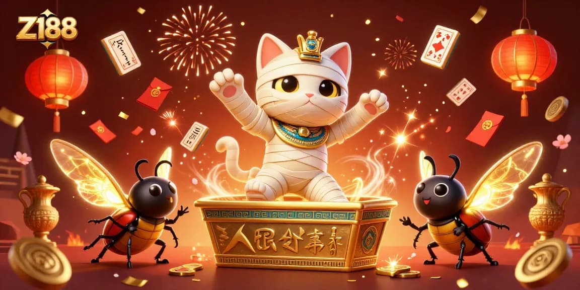 Z188 showcases an exciting dynamic scene of a mummy cat and scarab in a vibrant casino atmosphere.