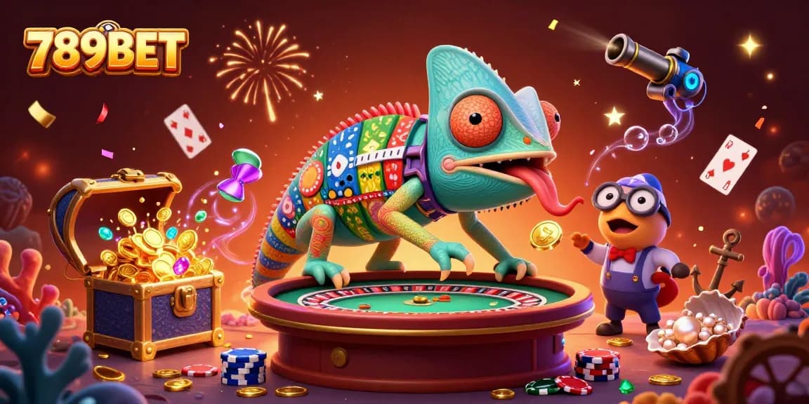 Experience thrilling games with 789BET, led by a colorful chameleon casino owner amidst sparkling treasures.