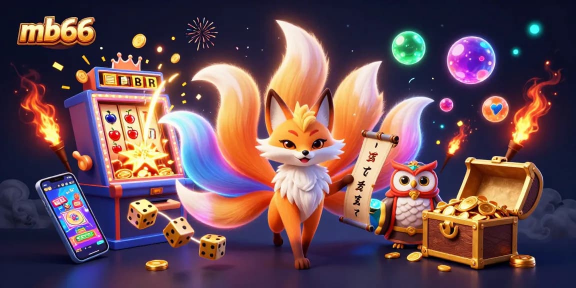 Experience mb66's vibrant casino action with a whimsical nine-tailed fox and wise owl amidst jackpots and exciting games.