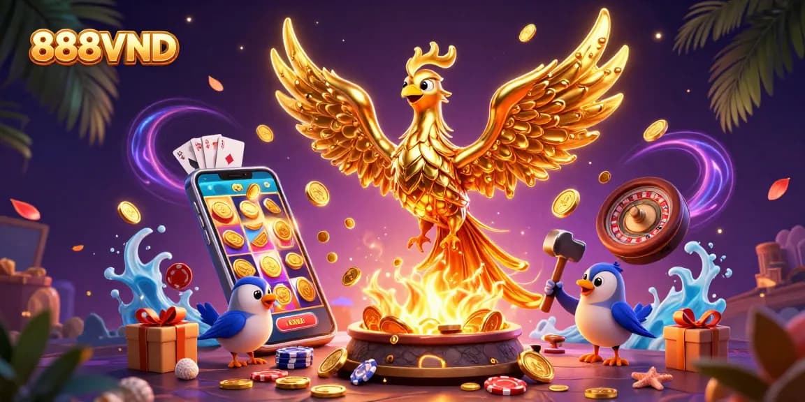 Win big with 888VND in a vibrant casino scene featuring molten gold and exciting gaming elements.