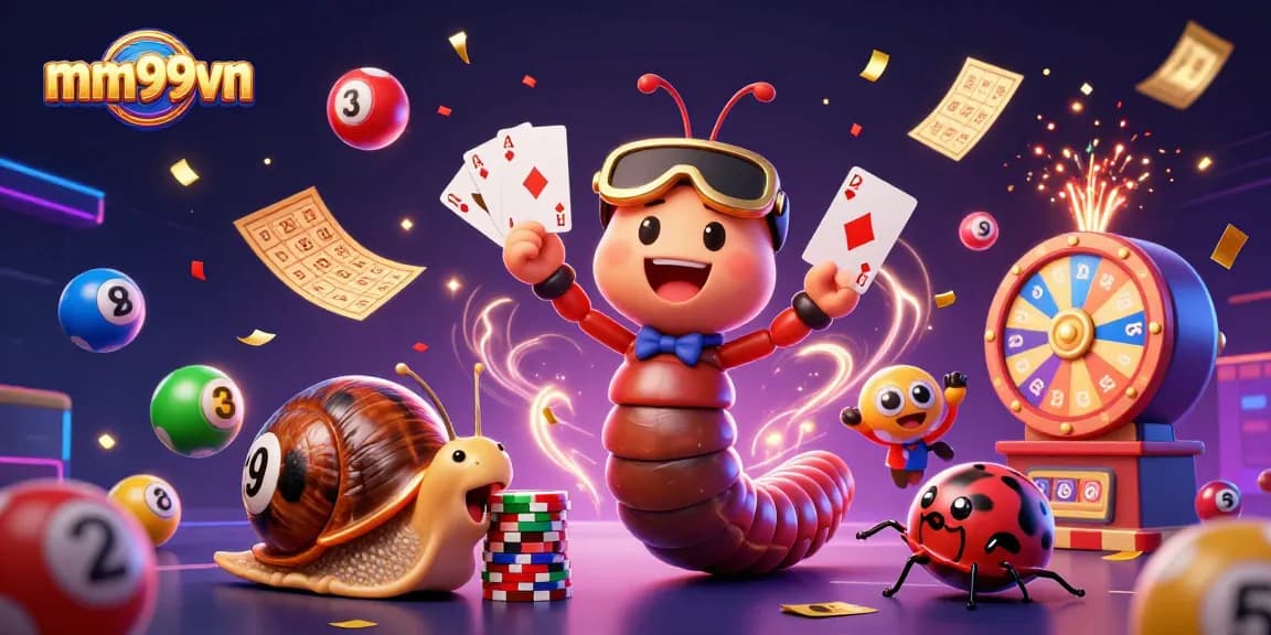 Engage with mm99vn as the dazzling cartoon millipede dealer showcases exciting games amidst colorful lottery elements.