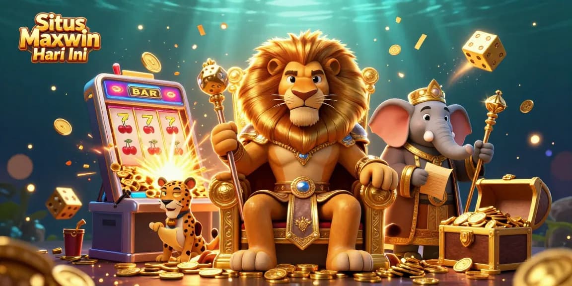 Situs Maxwin Hari Ini showcases a fierce lion king, vibrant slot machine, and dynamic casino elements.