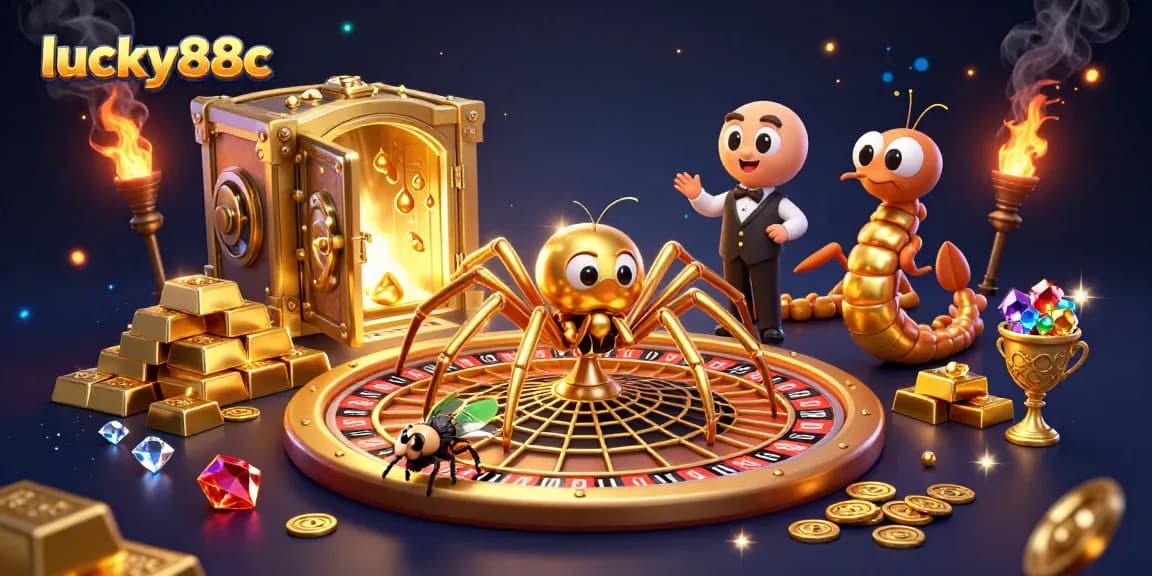 Engage with lucky88c as the golden spider spins a roulette web in a vibrant casino scene.