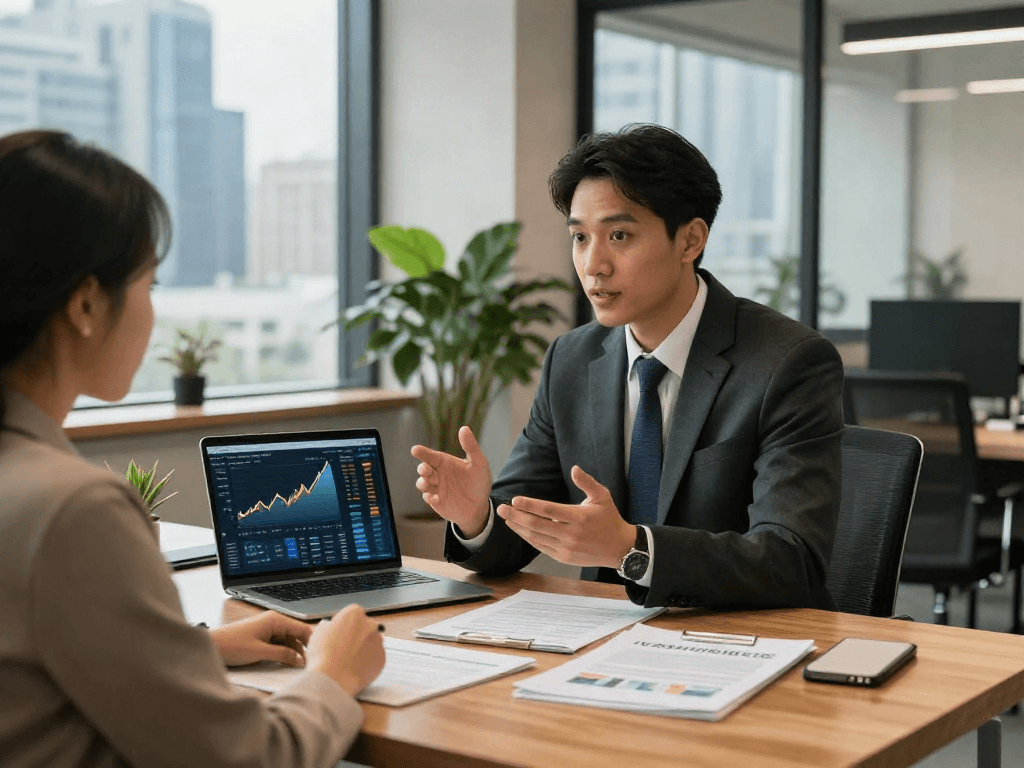 Client discussing investment strategies to deposit 10k in a modern office setting.