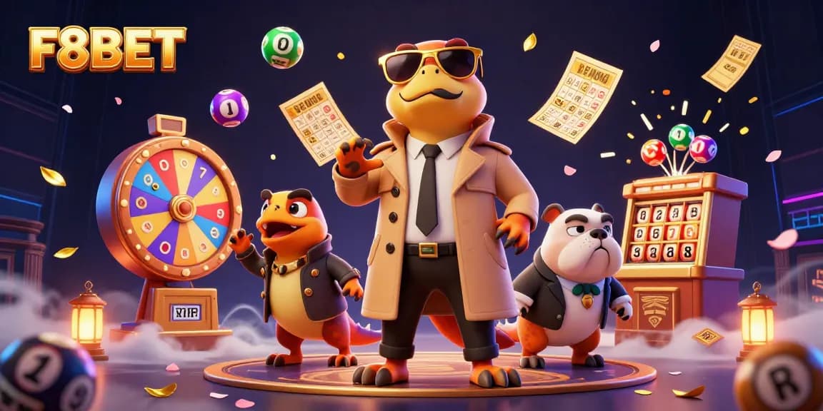 F8BET offers thrilling lottery experiences amidst colorful elements in a vibrant casino scene.