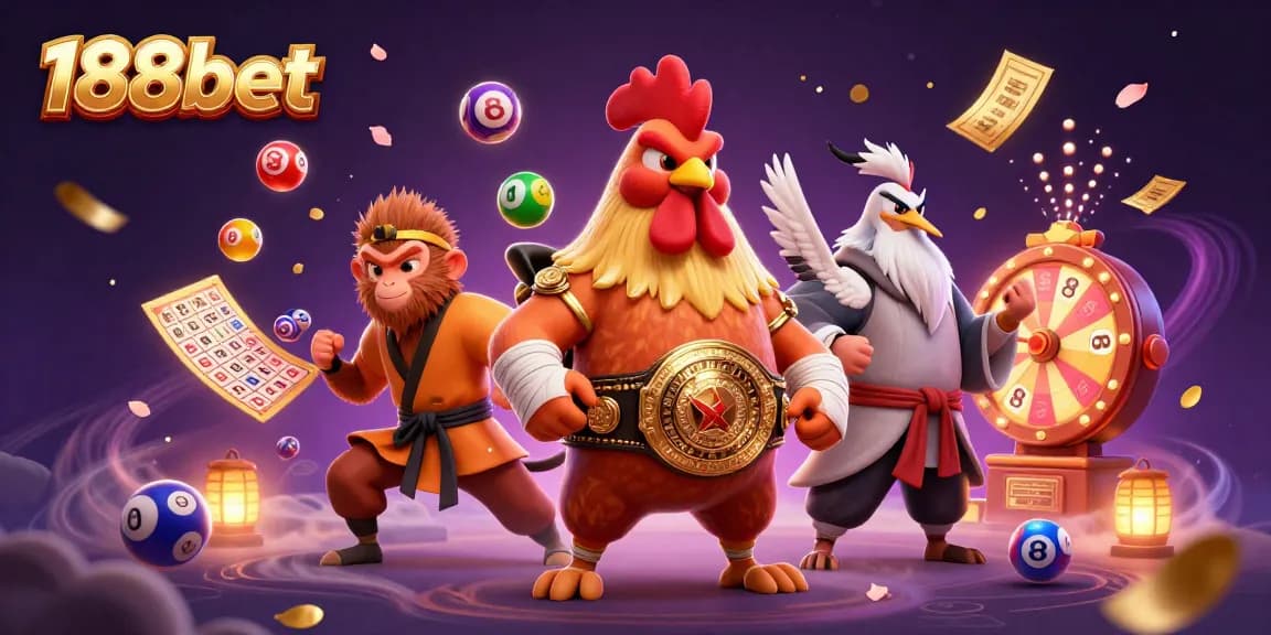 Experience the excitement of 188bet with a vibrant 3D illustration of thrilling games and characters.