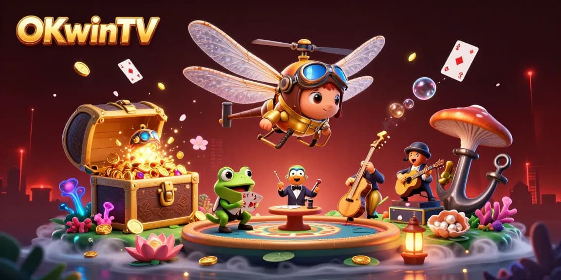 Experience thrilling gaming with OKwinTV in this vibrant 3D illustration depicting casino action.