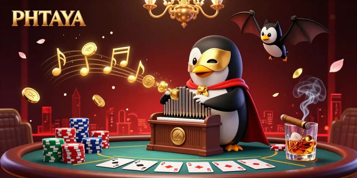 PHTAYA offers a captivating casino scene featuring an acrobatic bat and a penguin playing golden pipes in a vibrant poker atmosphere.