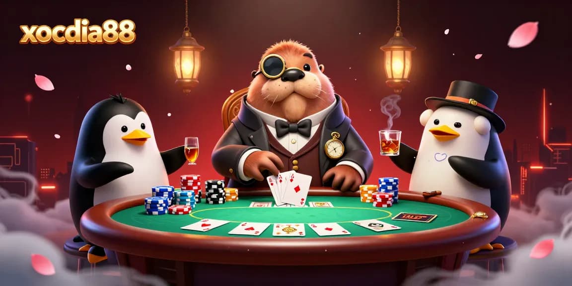 Xocdia88 reveals excitement as a walrus and dealer engage at a poker table.
