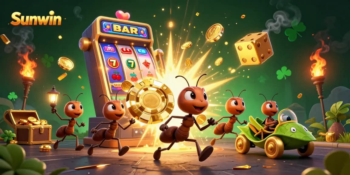 Experience thrilling adventures at Sunwin as cartoon ants steal a giant poker chip amidst vibrant casino elements.