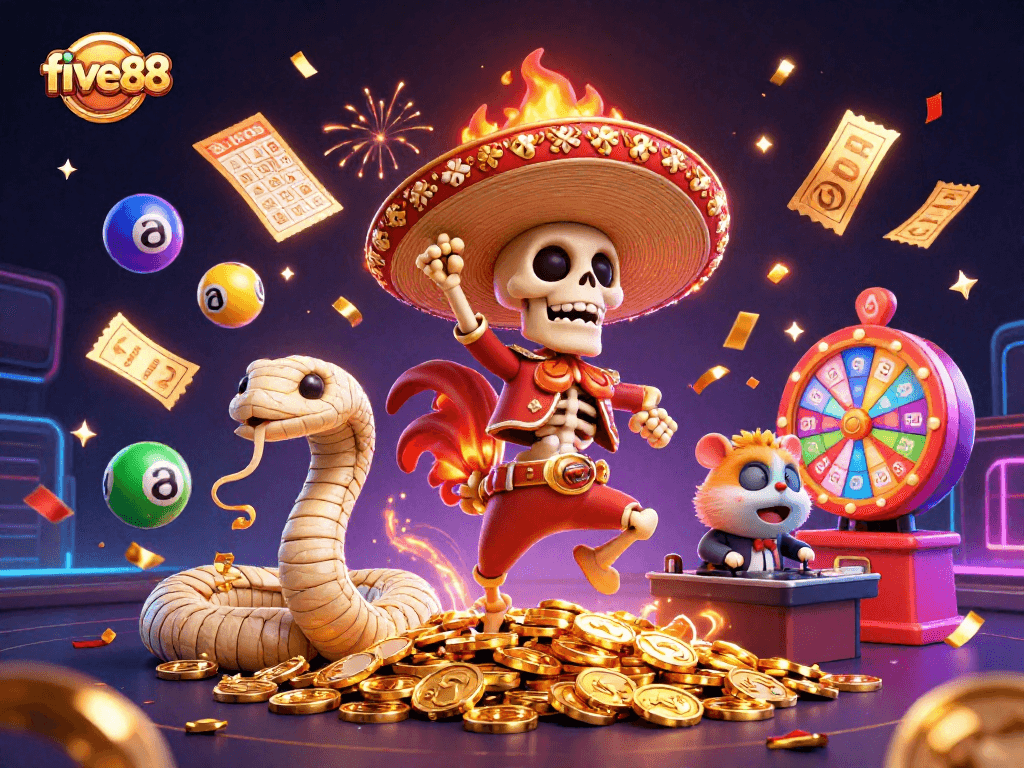 Experience vibrant fun with five88's animated characters celebrating on golden coins amidst gambling excitement.